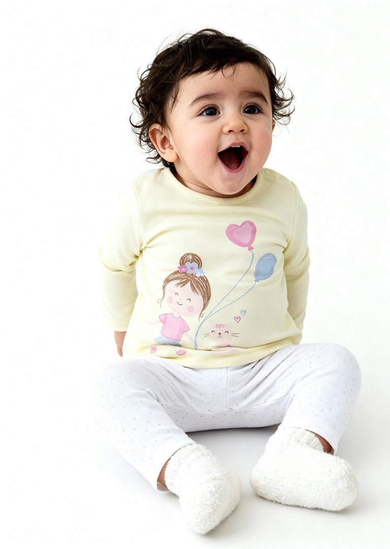 HOP Baby Yellow Printed Cotton T-Shirt with Pants Set