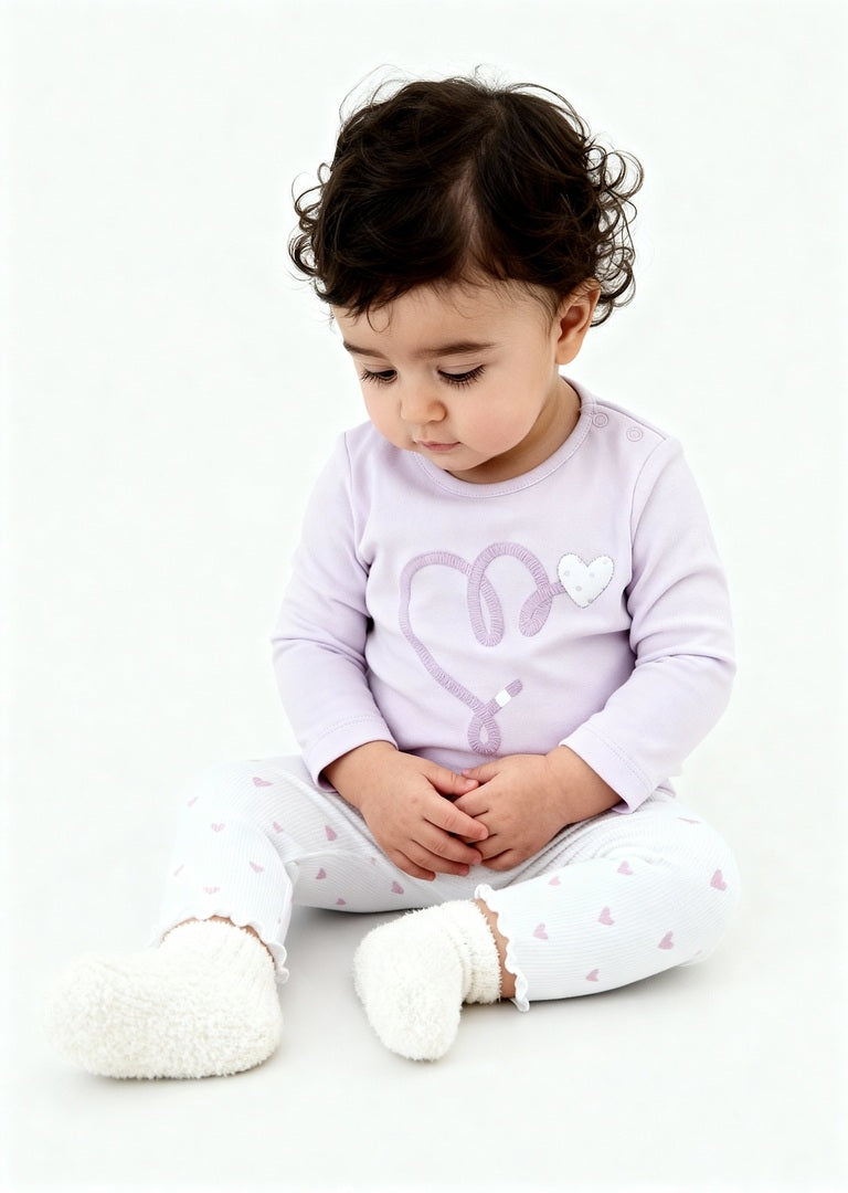 HOP Baby Lilac Heart Printed Cotton T-Shirt with Pants Set