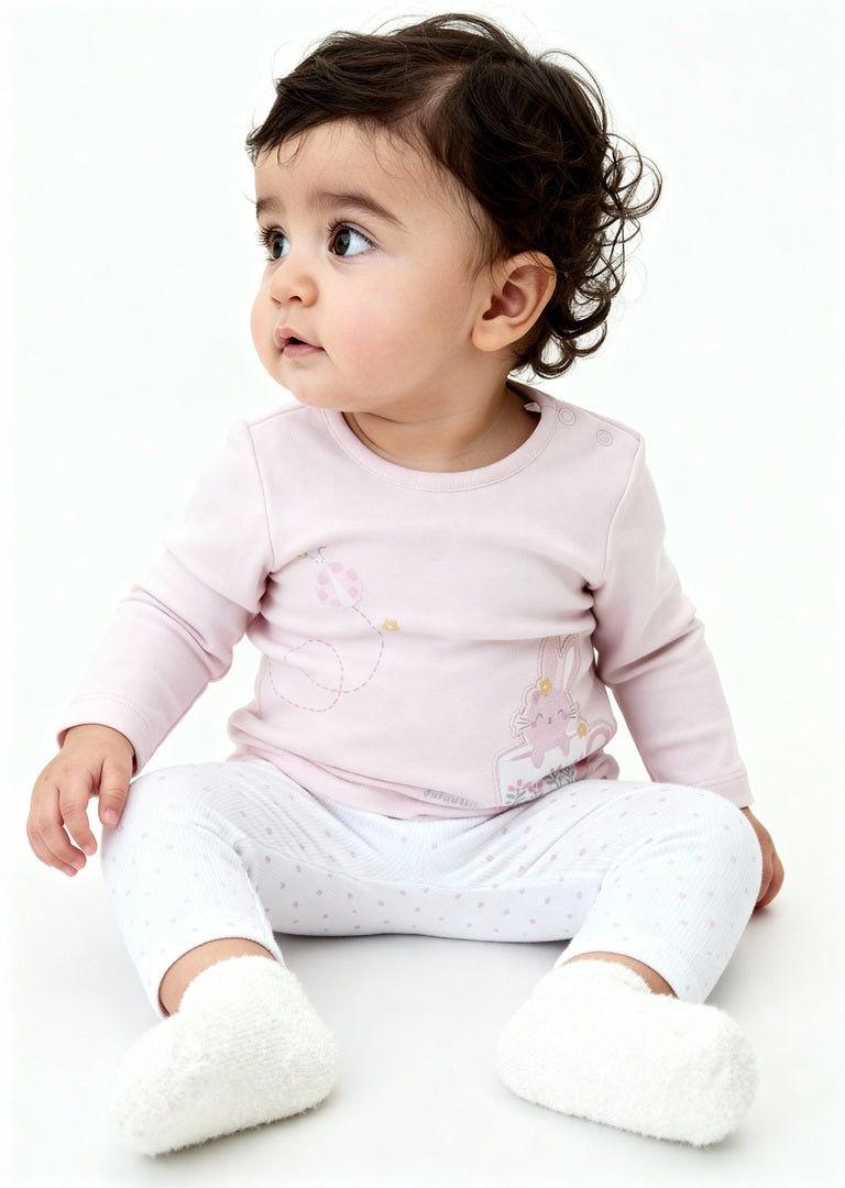 HOP Baby Pink Printed Cotton T-Shirt with Pants Set