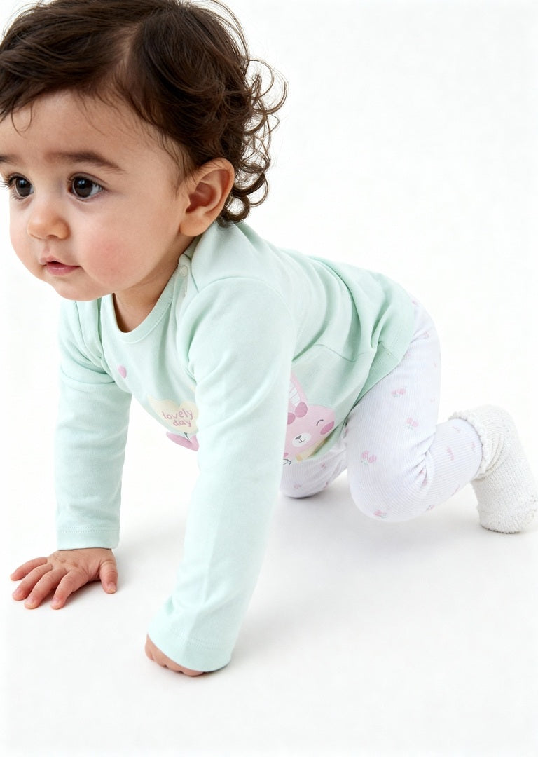 HOP Baby Mint Printed Cotton T-Shirt with Pants Set
