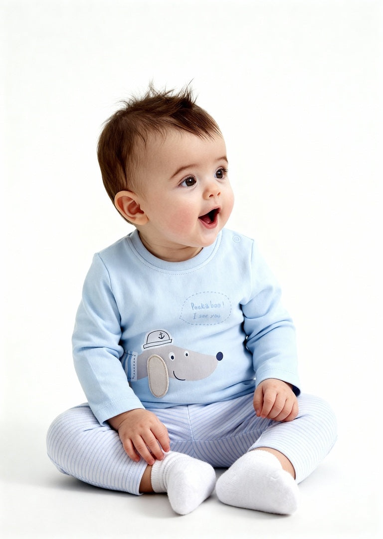 HOP Baby Blue Animal Pattern Cotton T-Shirt with Pants Set