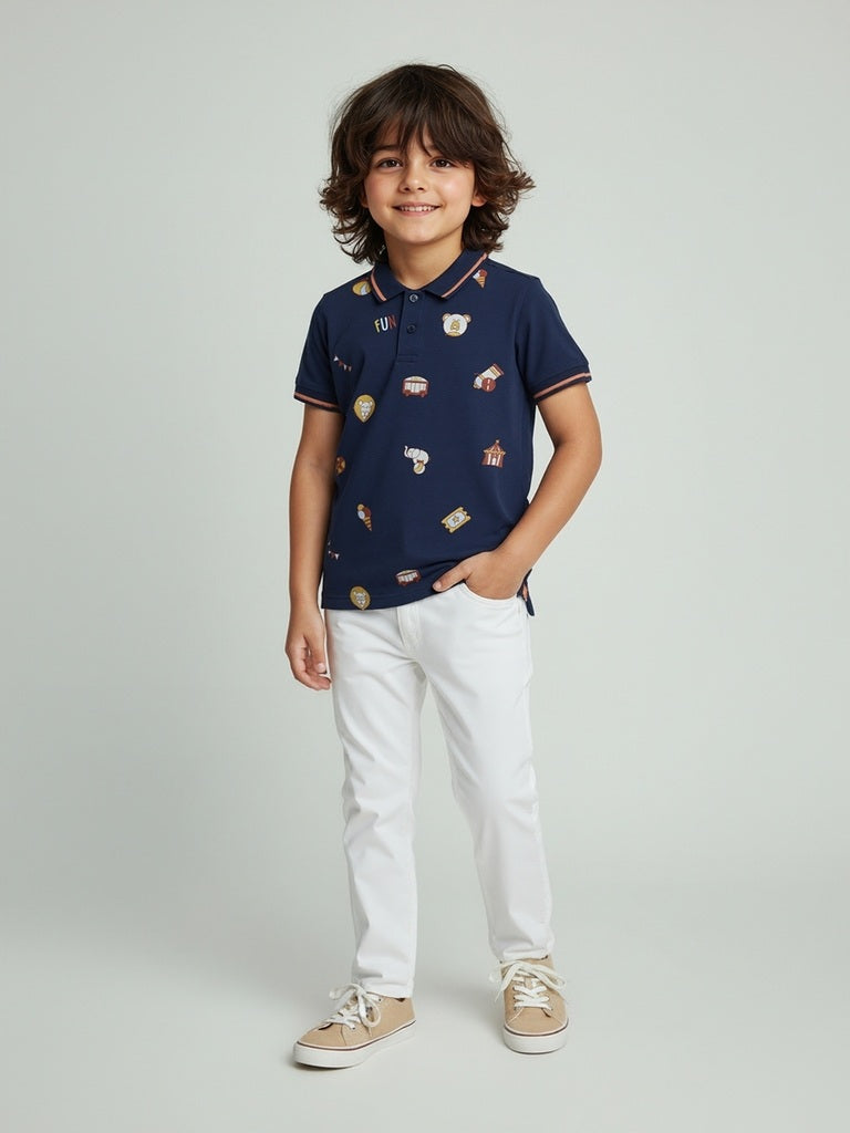 HOP Kids Navy Embroidered Cotton Polo T-Shirt