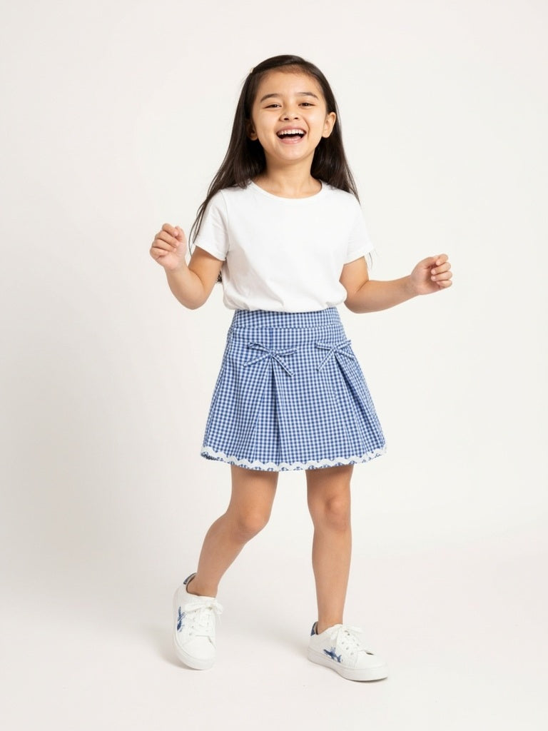 HOP Kids Girls Blue Gingham Checks Design High-Rise Cotton Skirt