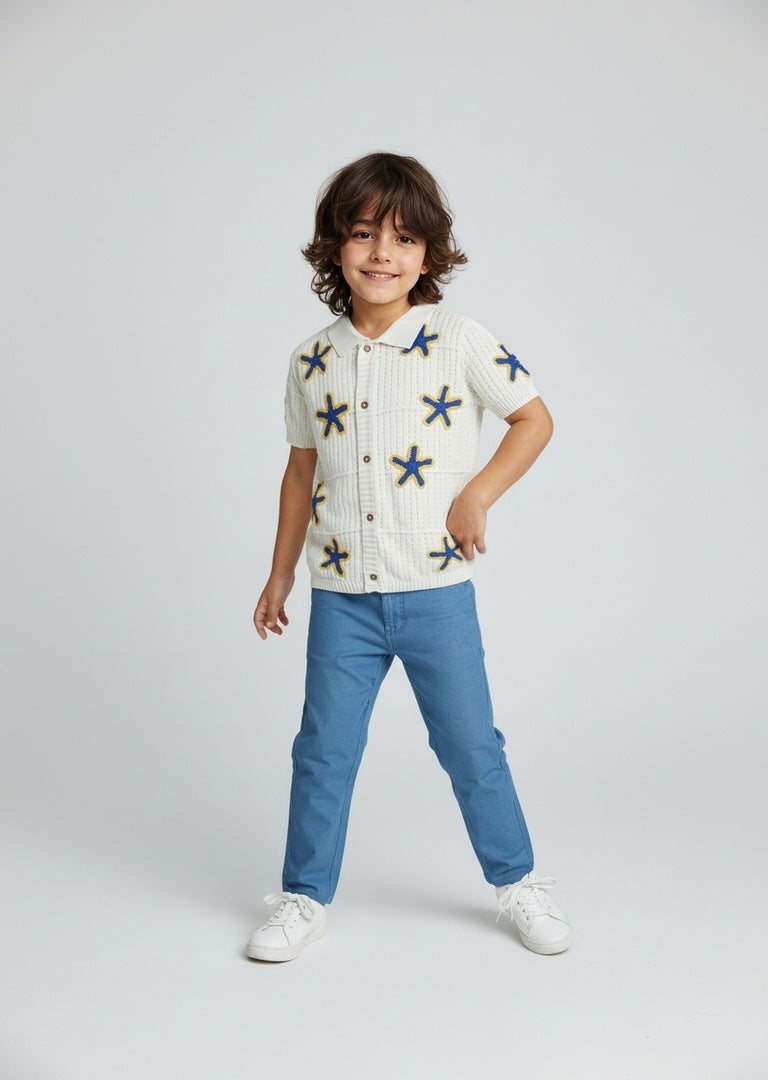 HOP Kids Off-White Crochet Detailed Cotton Shirt