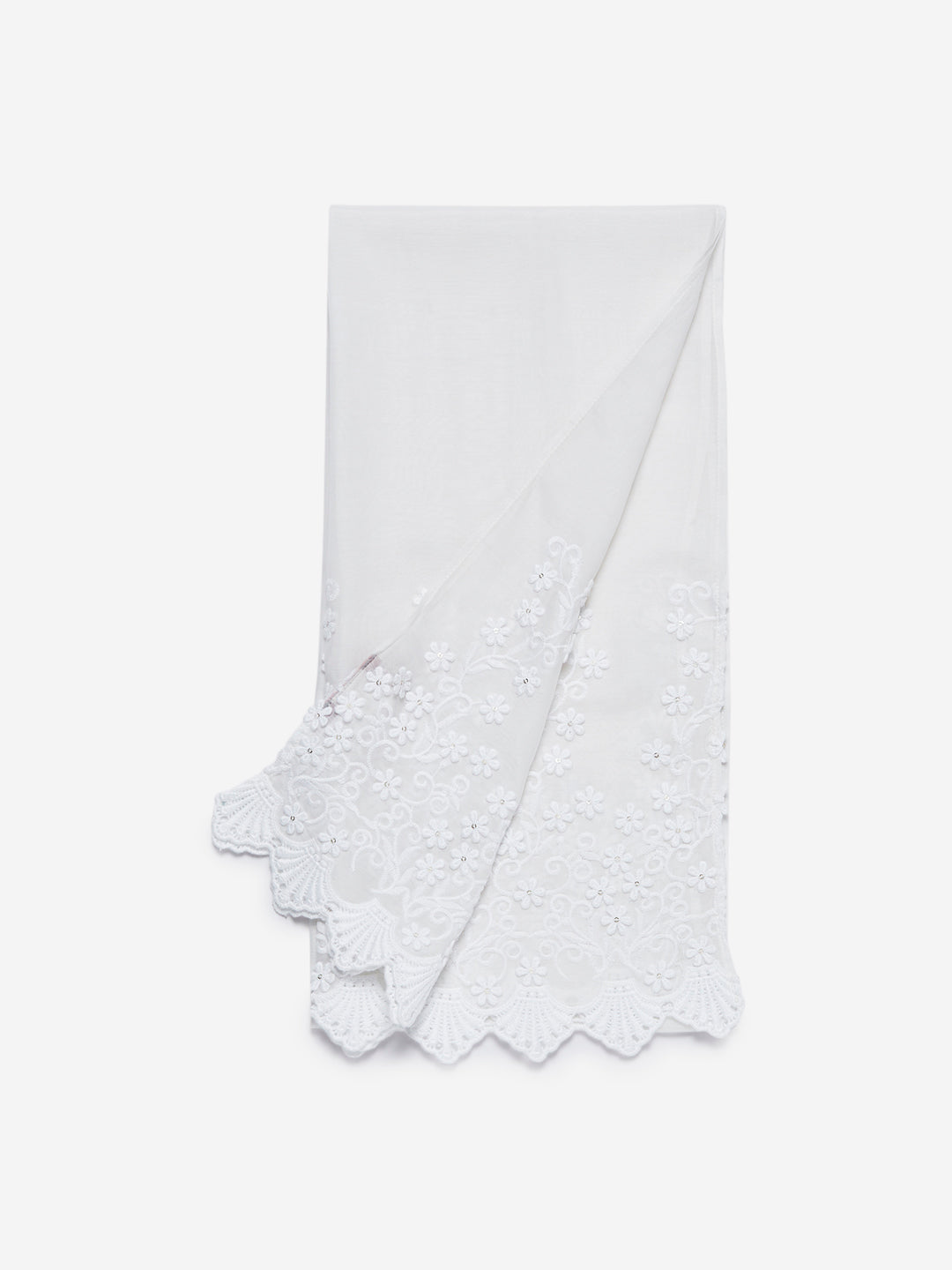 Zuba White Embroidered Cotton-Silk Stole for women full view - Westside