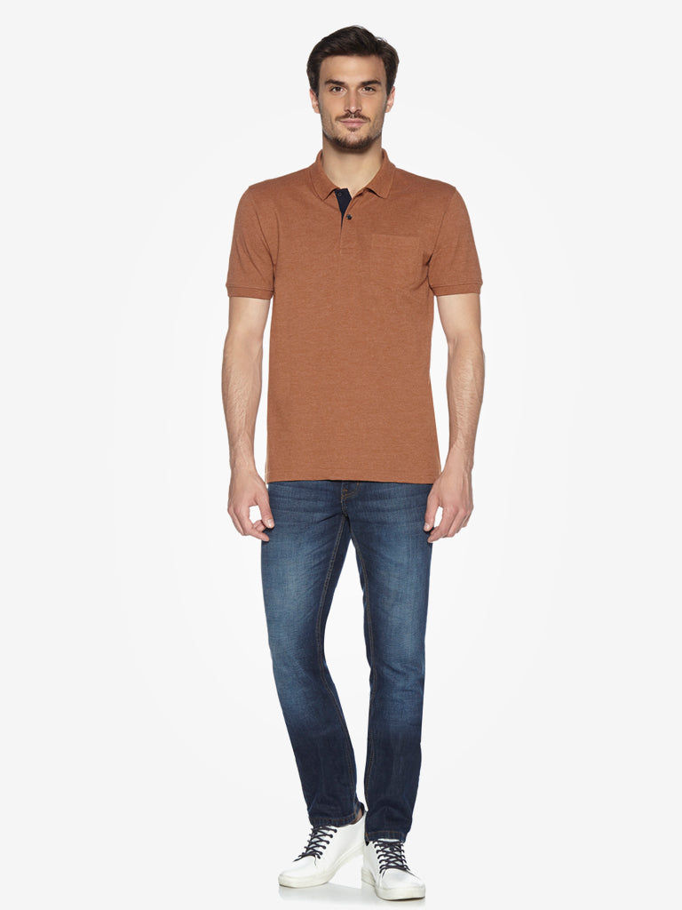 WES Casuals Brown Melange Slim Fit Polo T-Shirt