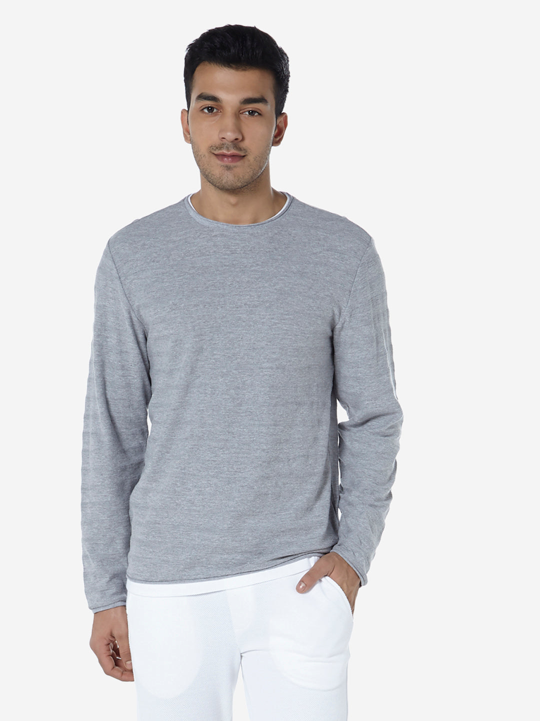 ETA Grey Self-Patterned Slim Fit T-Shirt | Grey Self-Patterned Slim Fit T-Shirt | Grey Self-Patterned Slim Fit T-Shirt for Men Front View - Westside