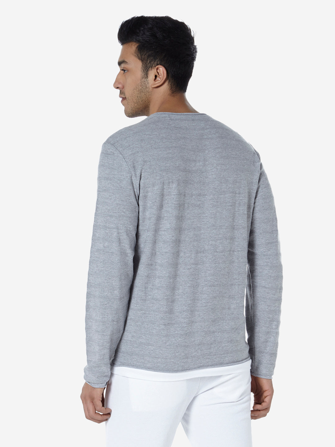 ETA Grey Self-Patterned Slim Fit T-Shirt | Grey Self-Patterned Slim Fit T-Shirt for Men Back View - Westside
