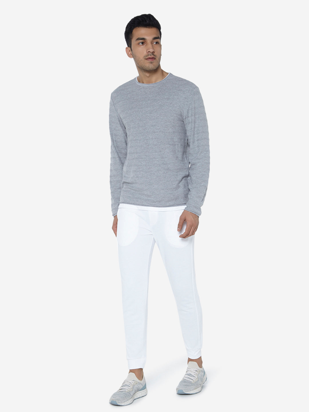 ETA Grey Self-Patterned Slim Fit T-Shirt | Grey Self-Patterned Slim Fit T-Shirt for Men Standing View - Westside