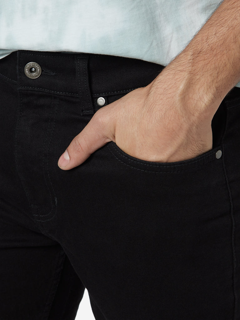 Nuon Black Nuo-Flex Hendrix Slim Fit Jeans | Black Slim Fit Jeans for men close up view - Westside