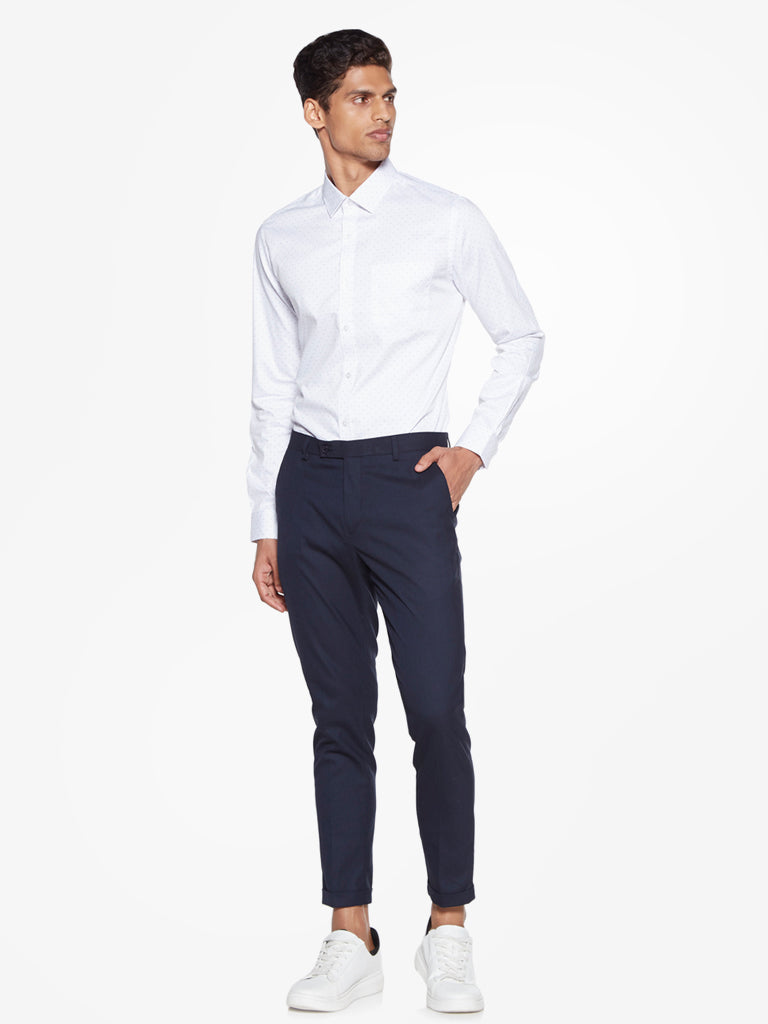  WES Formals Navy Carrot-Fit Trousers Standing View