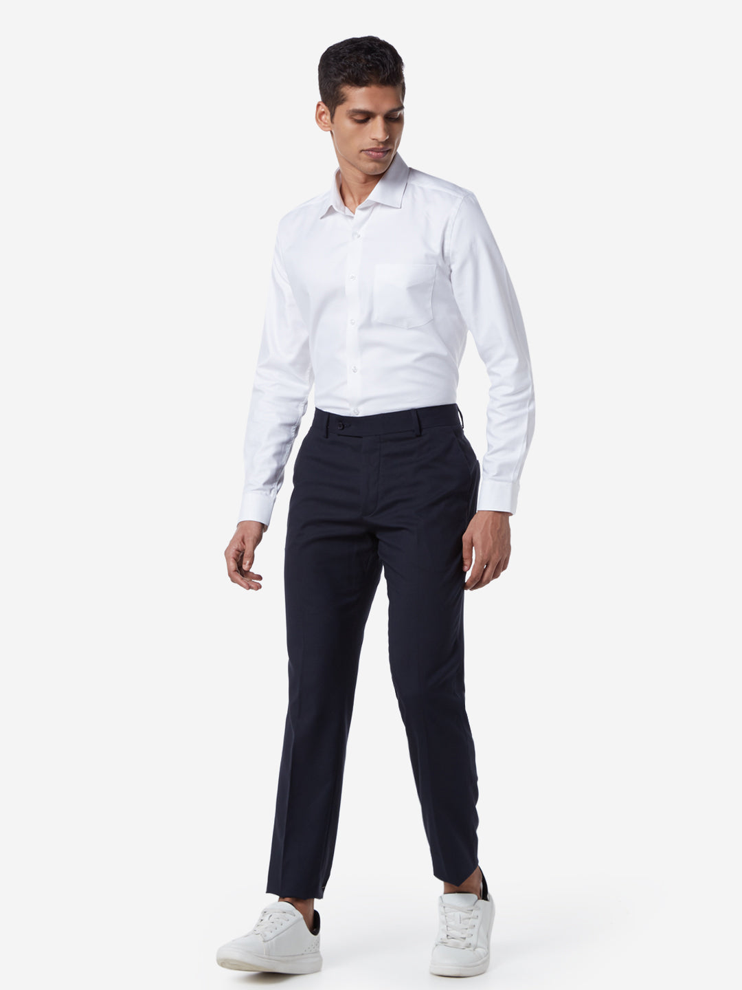 WES Formals Navy Relaxed Fit Trousers Standing View