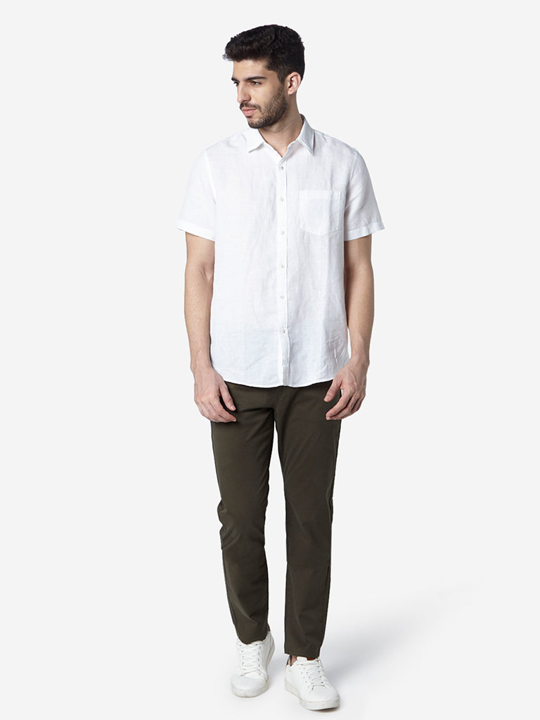 WES Casuals White Slim Fit Blended Linen Shirt