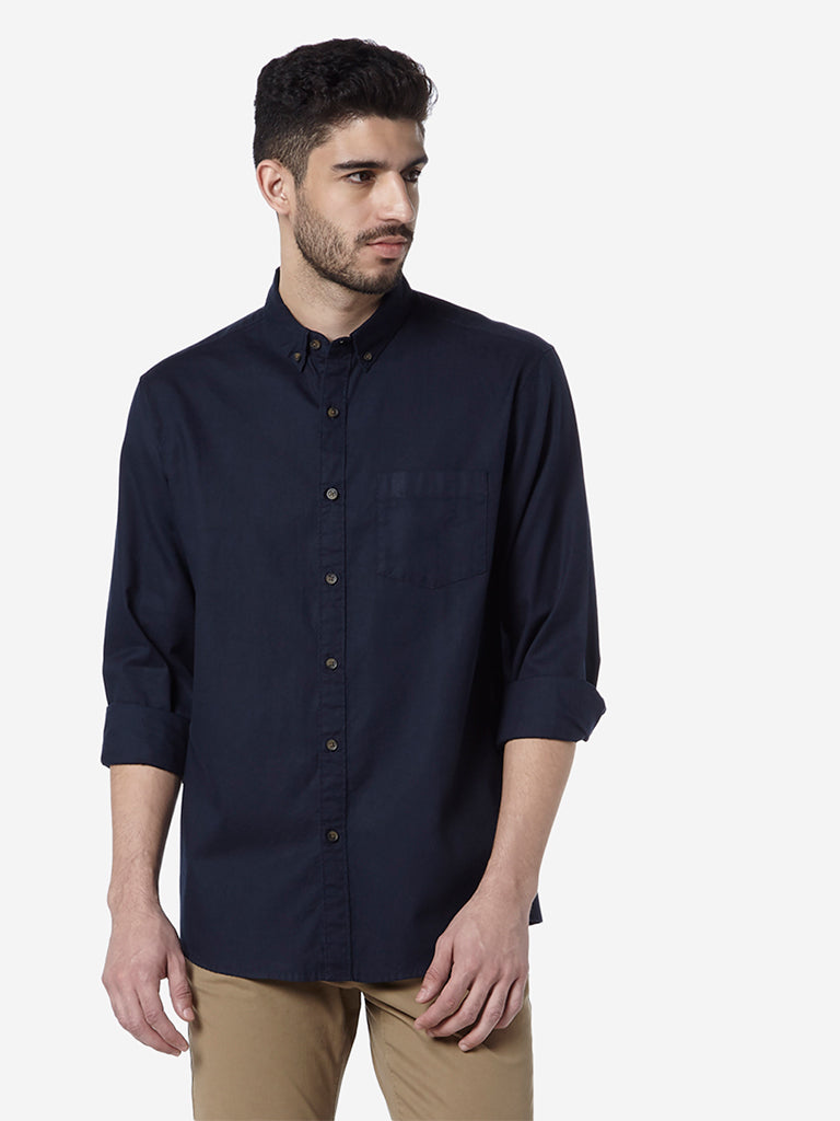 WES Casuals Navy Relaxed Fit Shirt | Navy Relaxed Fit Shirt | Navy Relaxed Fit Shirt for Men Front View - Westside