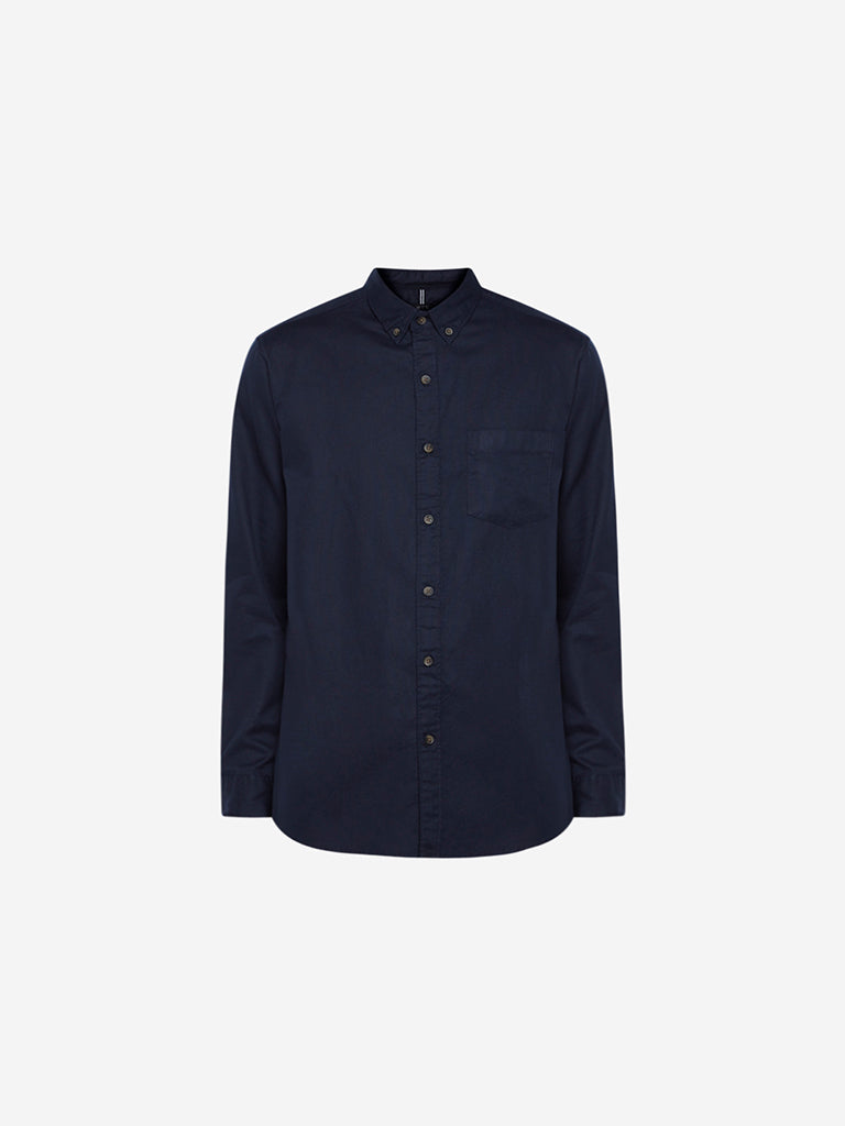 WES Casuals Navy Relaxed Fit Shirt | Navy Relaxed Fit Shirt for Men Close Up View - Westside