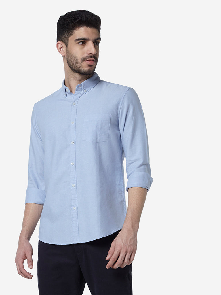 WES Casuals Light Blue Slim Fit Cotton Shirt | Light Blue Slim Fit Cotton Shirt | Light Blue Slim Fit Cotton Shirt for Men Front View - Westside