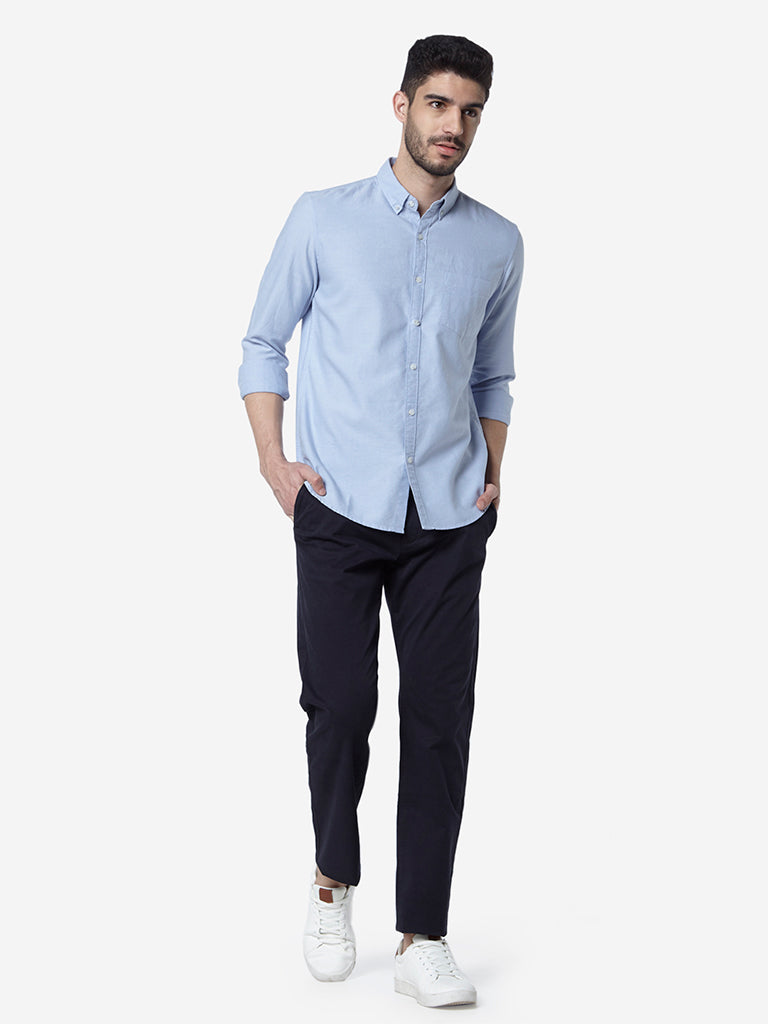 WES Casuals Light Blue Slim Fit Cotton Shirt | Light Blue Slim Fit Cotton Shirt for Men Full View - Westside