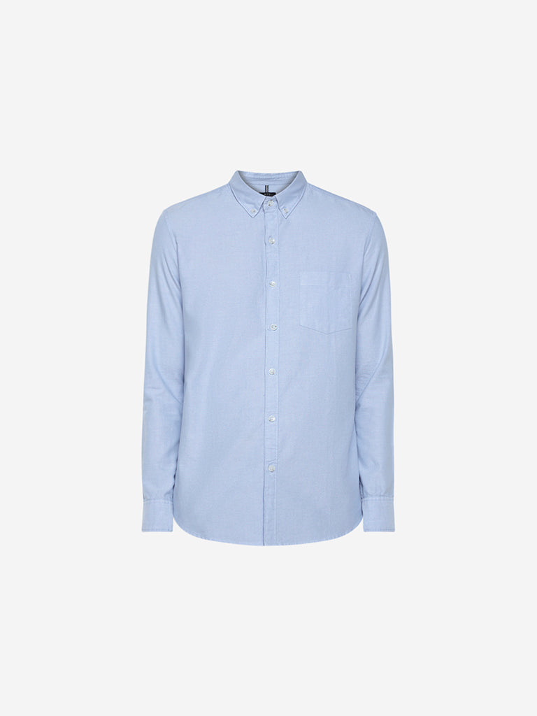 WES Casuals Light Blue Slim Fit Cotton Shirt | Light Blue Slim Fit Cotton Shirt for Men Close Up View - Westside