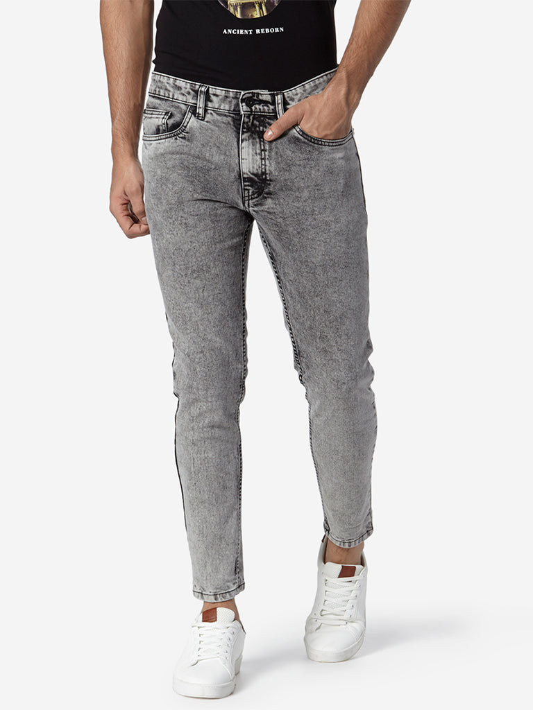 Shop WES Formals Grey Striped Carrot-Fit Trousers Online – Westside