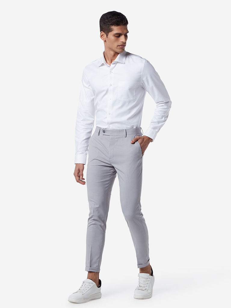 WES Formals Light Grey Carrot Fit Crop Trousers Standing View