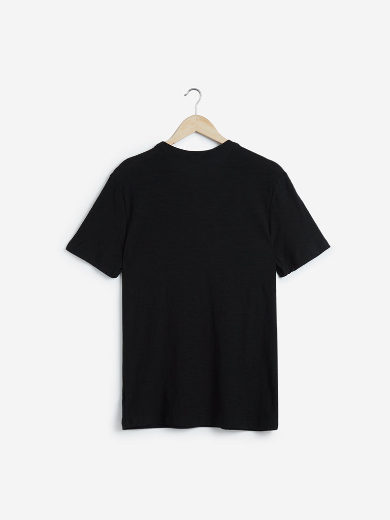 WES Casuals Black Slim Fit Pure Cotton T-Shirt | Black Slim Fit Pure Cotton T-Shirt for Men Back View - Westside