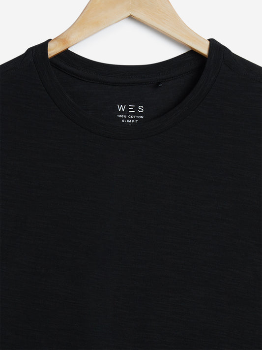 WES Casuals Black Slim Fit Pure Cotton T-Shirt | Black Slim Fit Pure Cotton T-Shirt for Men Close Up View - Westside