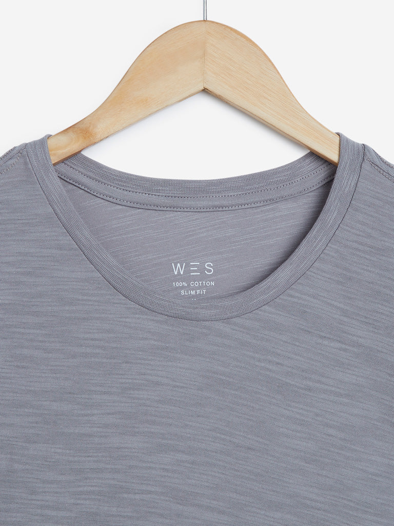 WES Casuals Light Grey Slim-Fit T-Shirt | Light Grey Slim-Fit T-Shirt for Men Close Up View - Westside