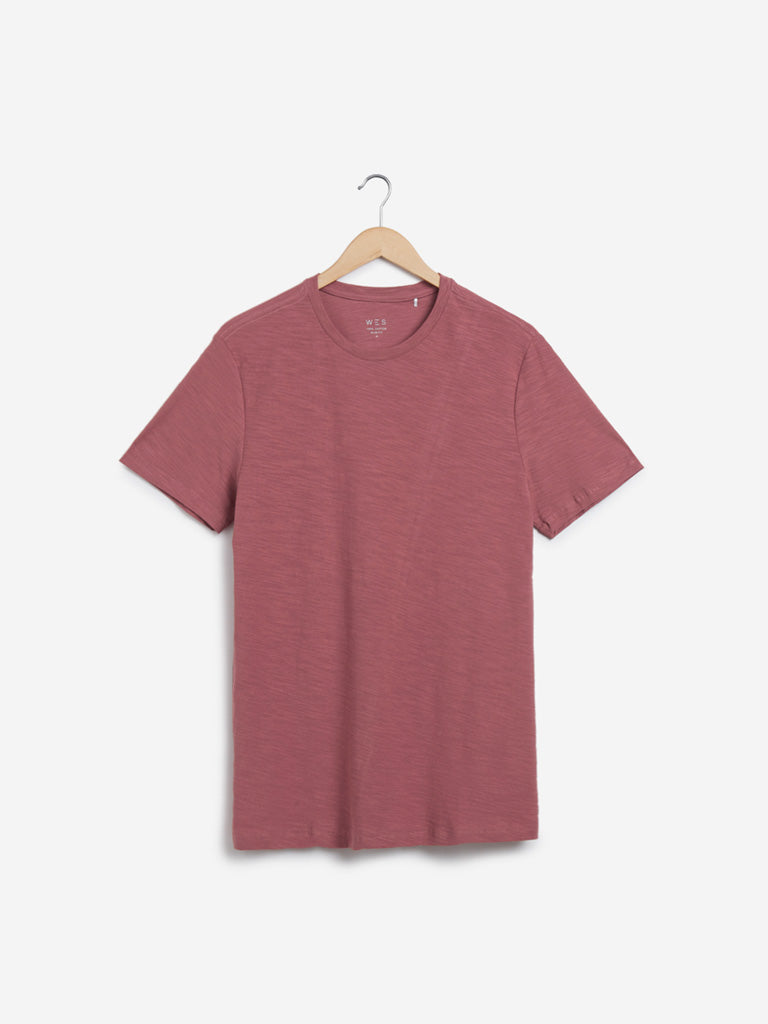 WES Casuals Dusty Pink Slim-Fit T-Shirt | Dusty Pink Slim-Fit T-Shirt | Dusty Pink Slim-Fit T-Shirt for Men Front View - Westside