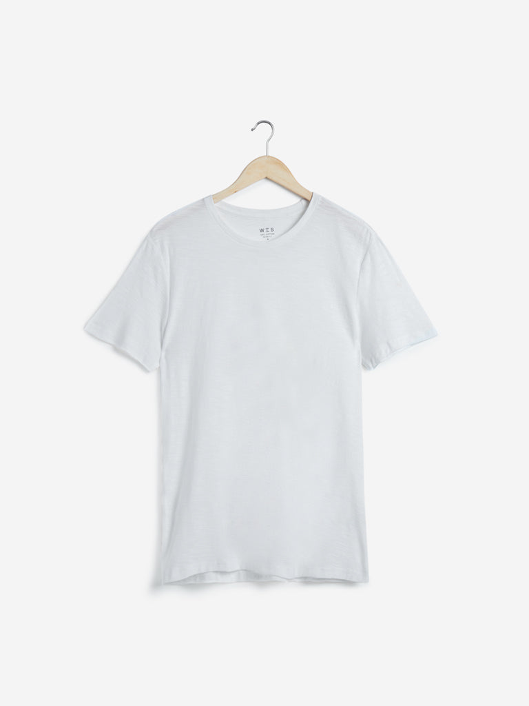 WES Casuals White Slim Fit Pure Cotton T-Shirt | White Slim Fit Pure Cotton T-Shirt | White Slim Fit Pure Cotton T-Shirt for Men Front View - Westside