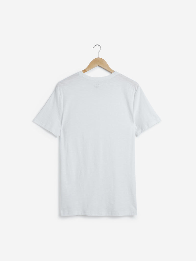 WES Casuals White Slim Fit Pure Cotton T-Shirt | White Slim Fit Pure Cotton T-Shirt for Men Back View - Westside