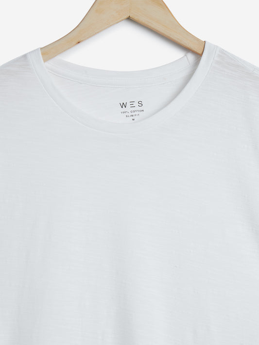 WES Casuals White Slim Fit Pure Cotton T-Shirt | White Slim Fit Pure Cotton T-Shirt for Men Close Up View - Westside