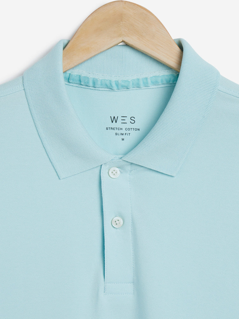 WES Casuals Aqua Slim Fit Polo T-Shirt | Aqua Slim Fit Polo T-Shirt for Men Close Up View - Westside