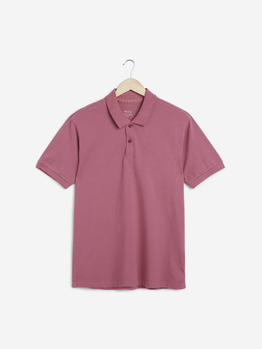 WES Casuals Dusty Pink Slim Fit Polo T-Shirt | Dusty Pink Slim Fit Polo T-Shirt | Dusty Pink Slim Fit Polo T-Shirt for Men Close Up View - Westside