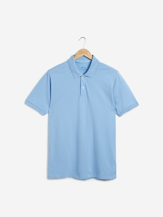 WES Casuals Blue Slim Fit Polo T-Shirt | Blue Slim Fit Polo T-Shirt | Blue Slim Fit Polo T-Shirt for Men Front View - Westside