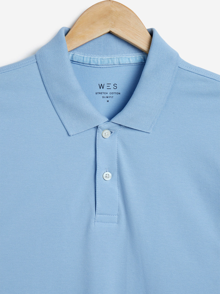 WES Casuals Blue Slim Fit Polo T-Shirt | Blue Slim Fit Polo T-Shirt for Men Close Up View - Westside