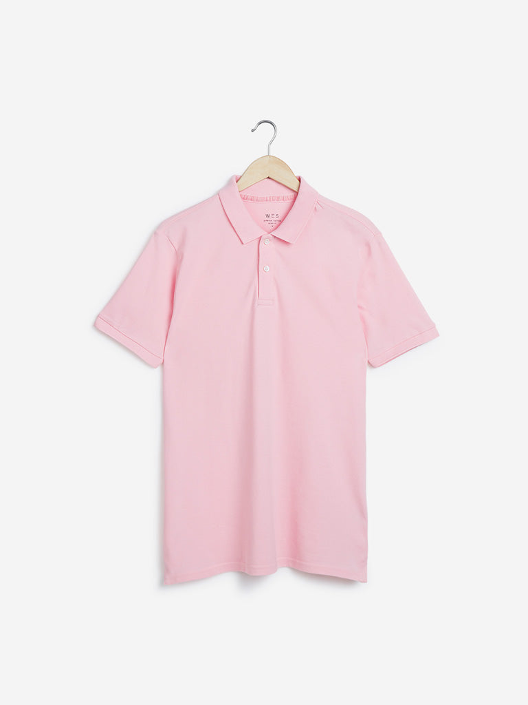 WES Casuals Light Pink Slim-Fit Polo T-Shirt | Light Pink Slim-Fit Polo T-Shirt | Light Pink Slim-Fit Polo T-Shirt for Men Front View - Westside