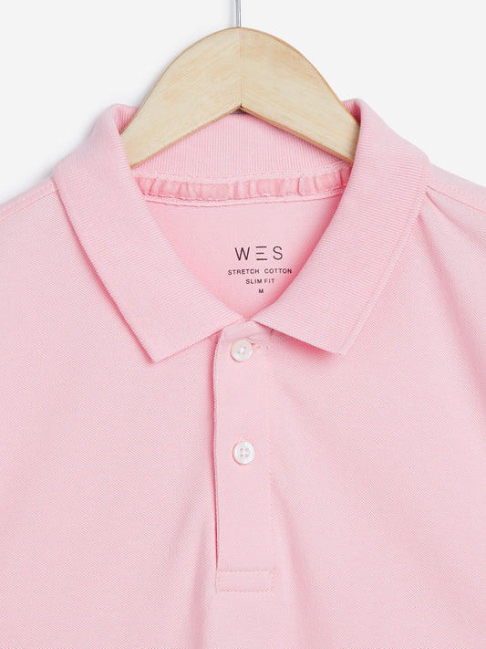 WES Casuals Light Pink Slim-Fit Polo T-Shirt | Light Pink Slim-Fit Polo T-Shirt for Men Close Up View - Westside