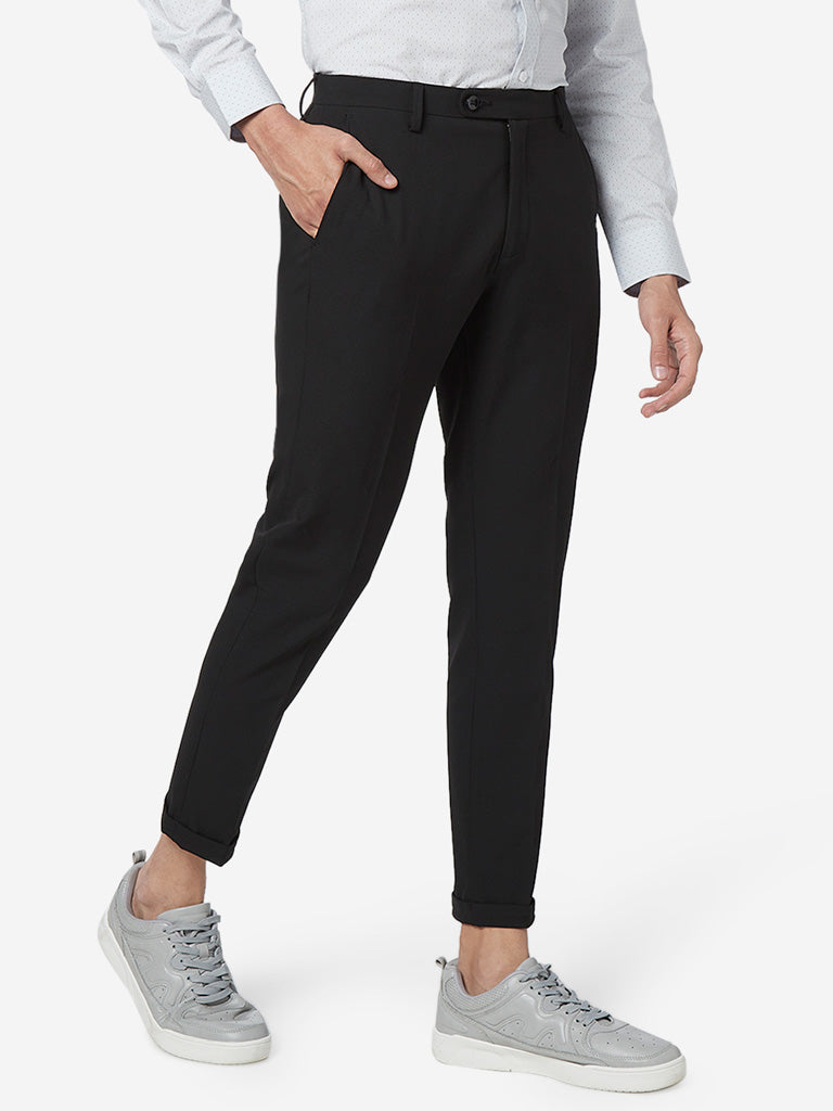 WES Formals Black Carrot Fit Trousers Front View