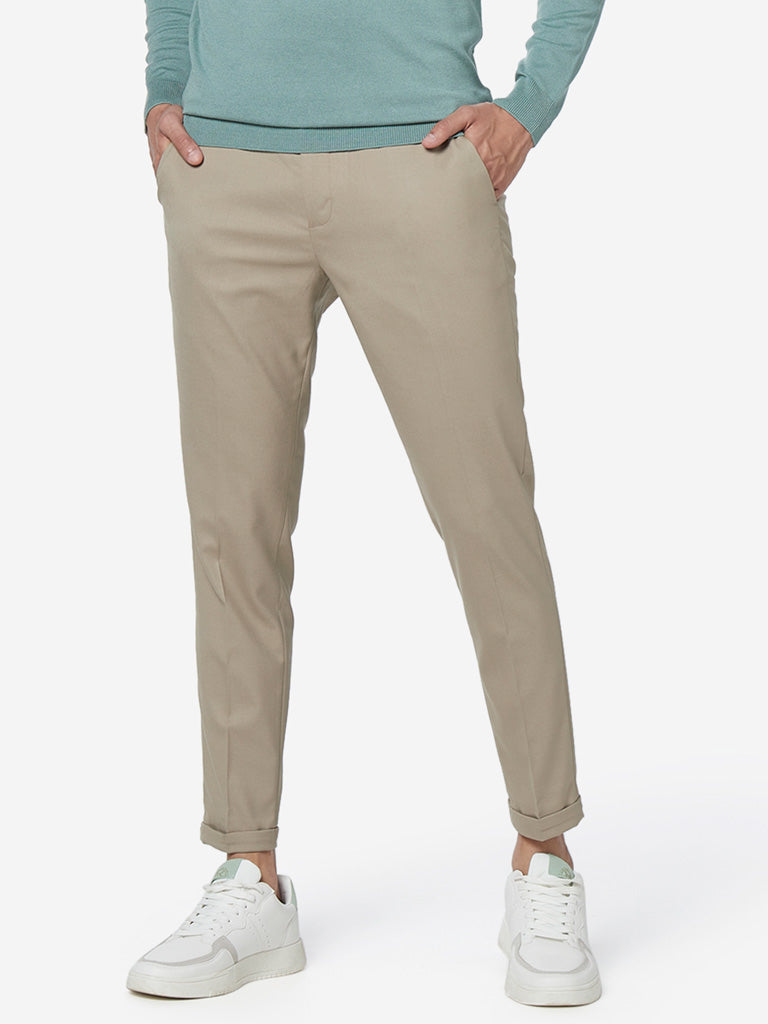 WES Formals Light Khaki Carrot Fit Trousers Front View
