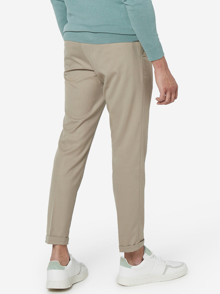 WES Formals Light Khaki Carrot Fit Trousers Back View