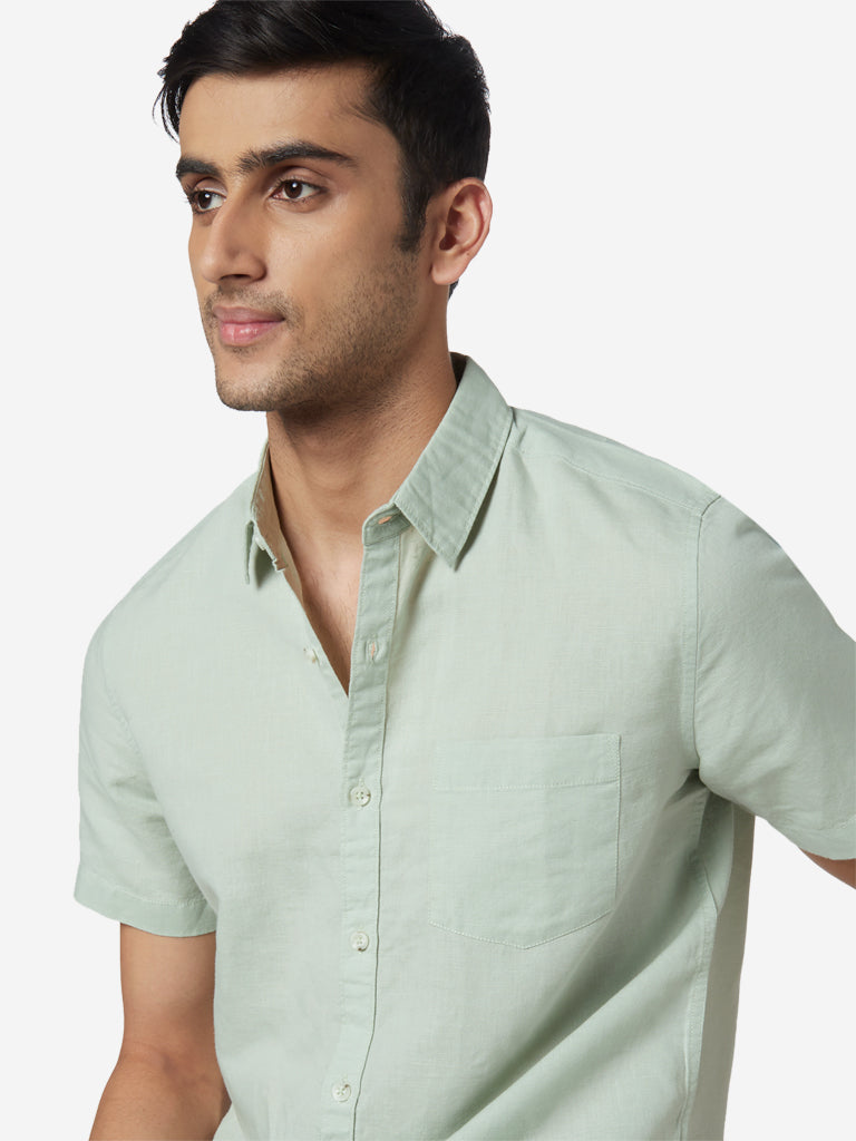 WES Casuals Sage Green Slim Fit Shirt | Sage Green Slim Fit Shirt | Sage Green Slim Fit Shirt for Men Close Up View - Westside