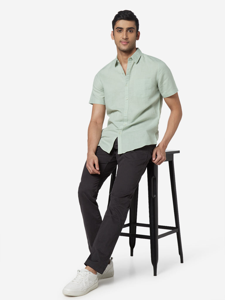 WES Casuals Sage Green Slim Fit Shirt | Sage Green Slim Fit Shirt for Men Sitting View - Westside