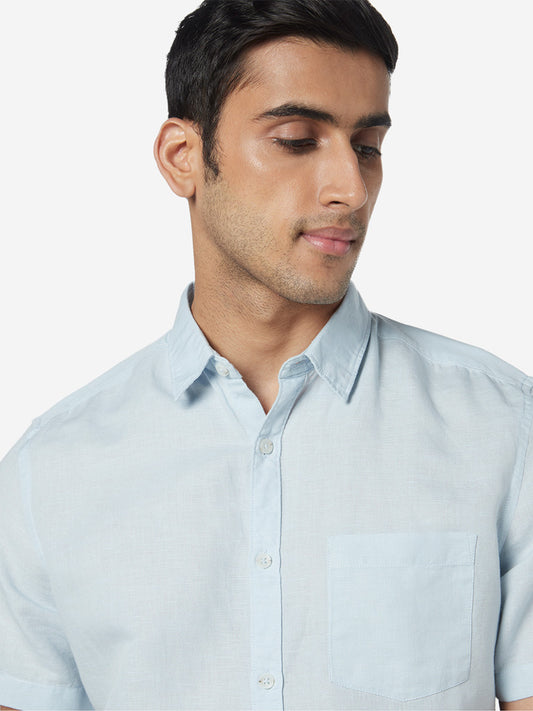 WES Casuals Blue Slim-Fit Shirt | Blue Slim-Fit Shirt | Blue Slim-Fit Shirt for Men Close Up View - Westside