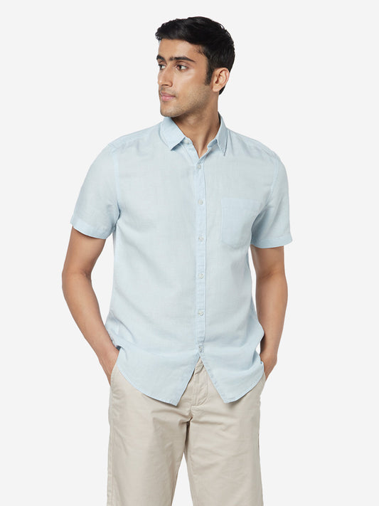WES Casuals Blue Slim-Fit Shirt | Blue Slim-Fit Shirt for Men Front View - Westside