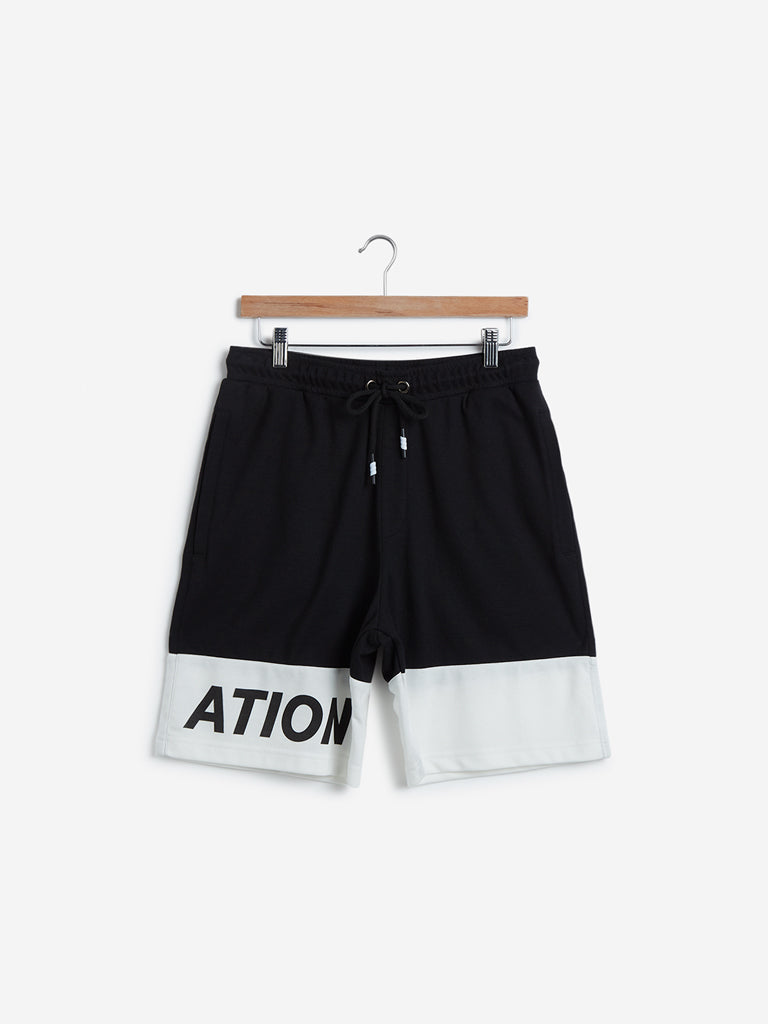 Studiofit Black Text Print Slim Fit Shorts