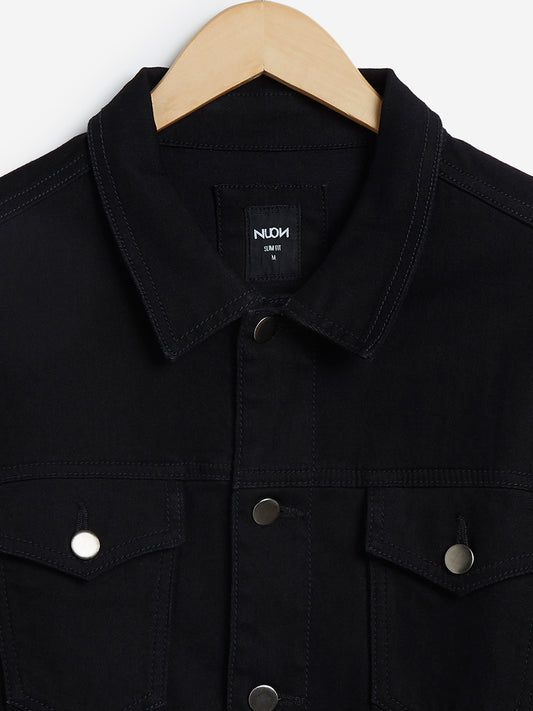 Nuon Black Slim-Fit Denim Jacket | Nuon Black Slim-Fit Denim Jacket for Men Close Up View - Westside