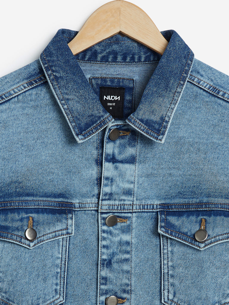 Nuon Blue Slim-Fit Denim Jacket | Nuon Blue Slim-Fit Denim Jacket for Men Close Up View - Westside
