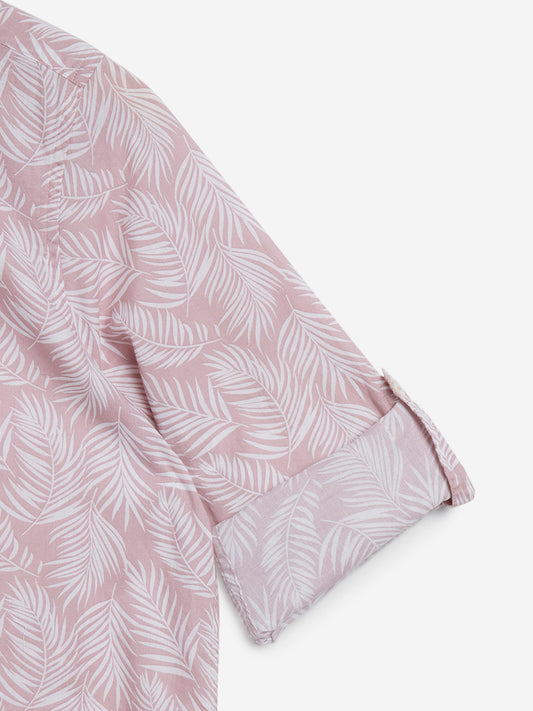 Utsa Light Pink Leaf Printed Ethnic Cotton Shirt