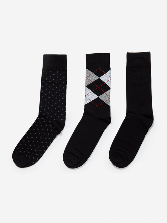 WES Lounge Black Full-Length Socks Pack of Three Front View - Westside