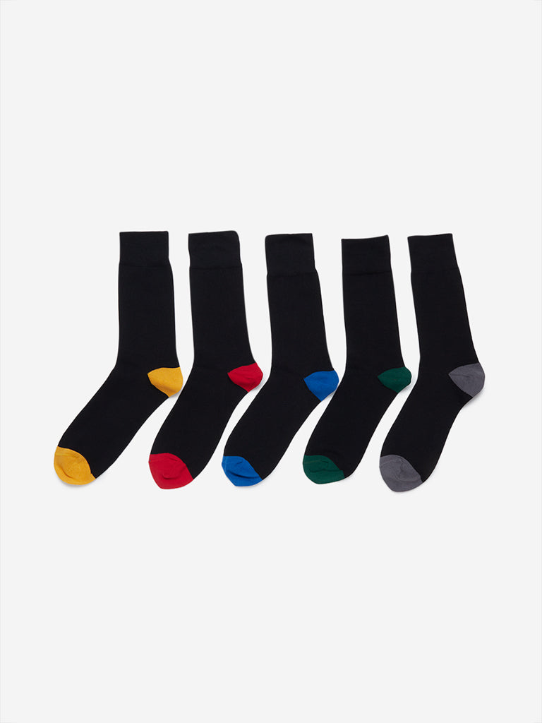 WES Lounge Black Full-Length Socks Pack of Five Front View - Westside